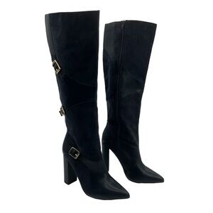 JUSTFAB Blue Yelda Buckle Tall Heeled Pointed Toe Boots Size 9.5 Women's